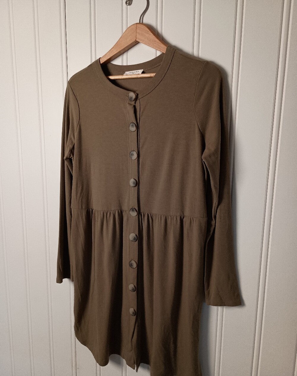 Zenana- Button-Front Olive Green Long Sleeve Dress- Size XL
